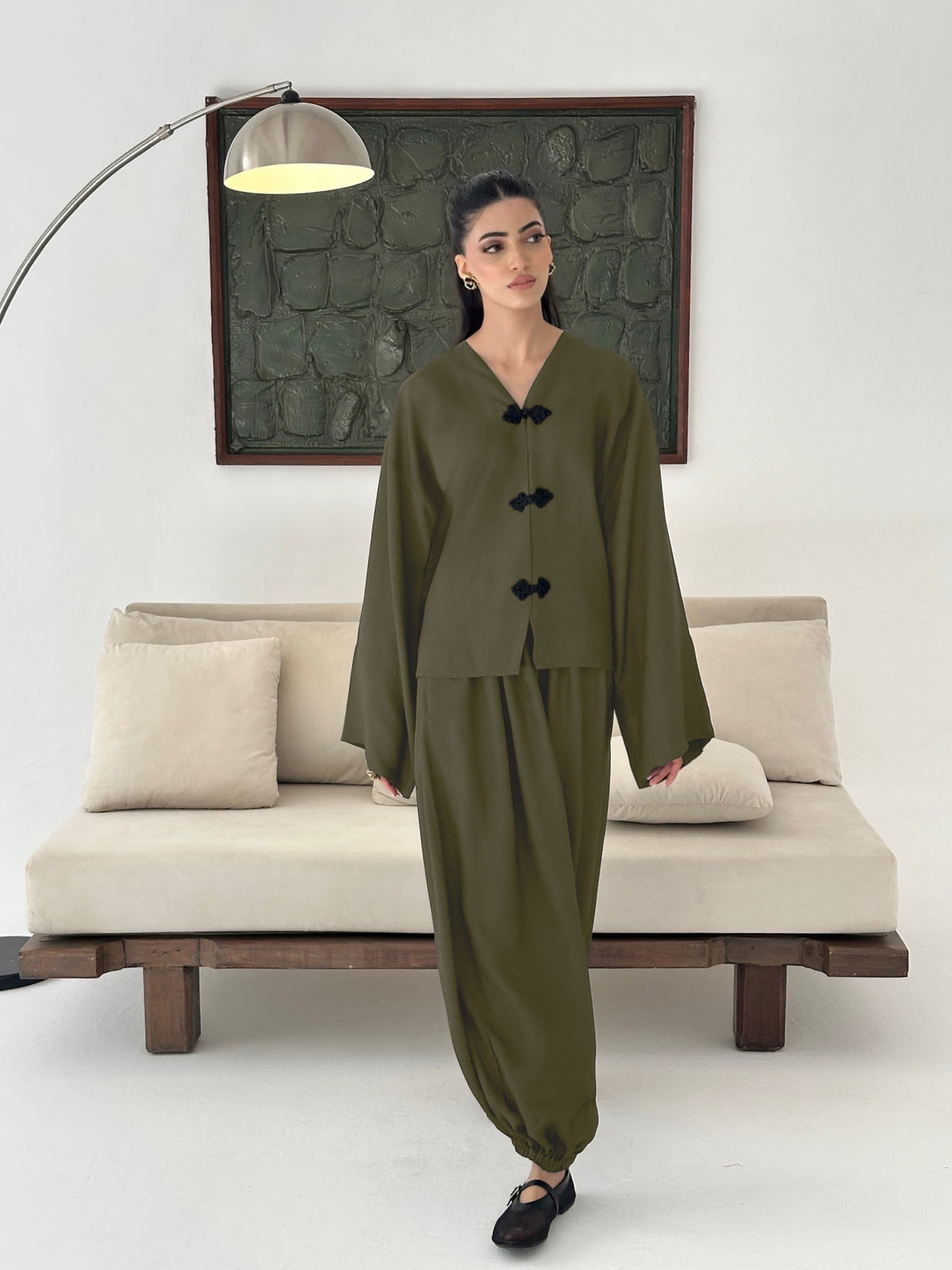 Harper Mandarin Tailored co-ord set Olive Green